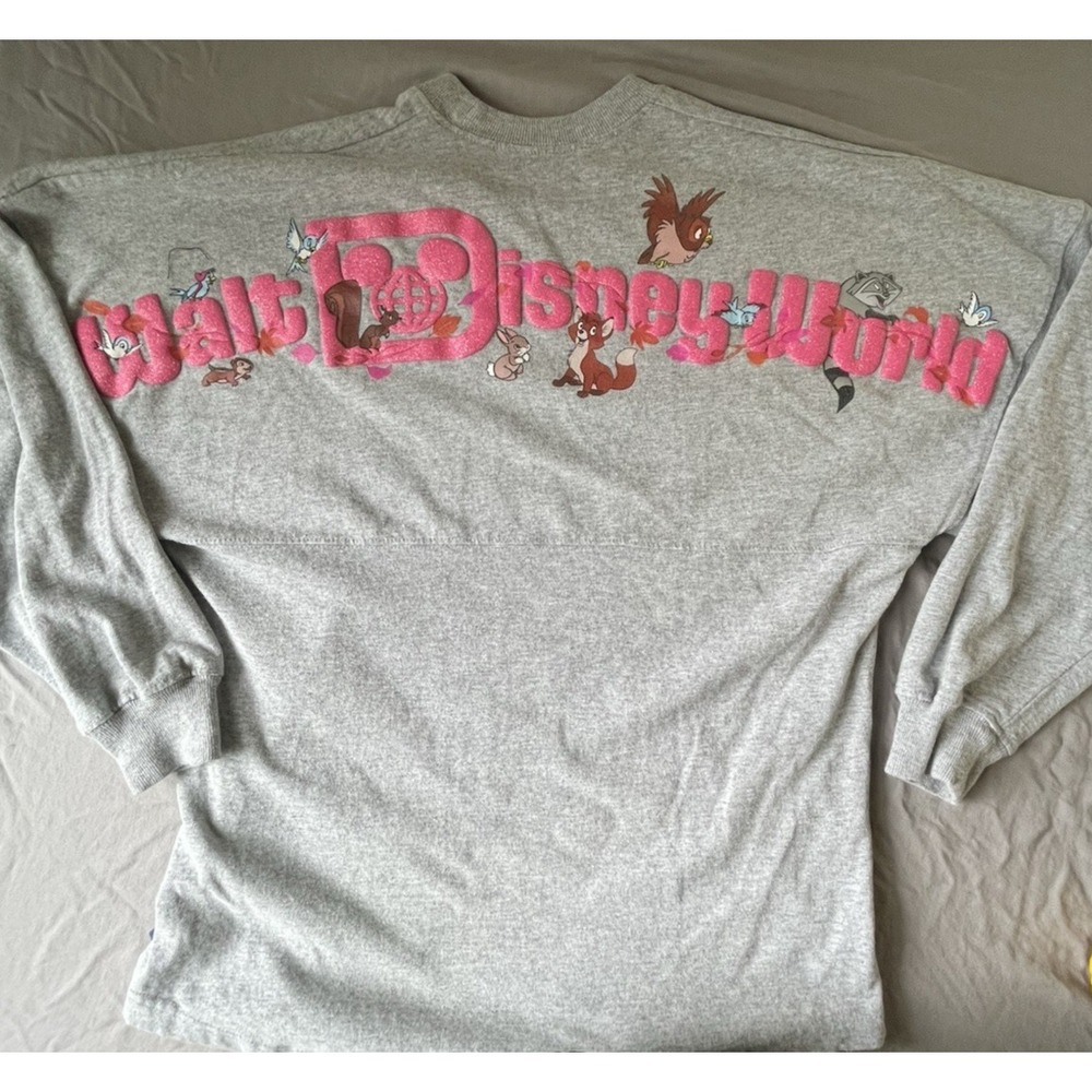 Disney World Forest Woodland Critters Spirit Jersey Gray Pink Puff Print XS